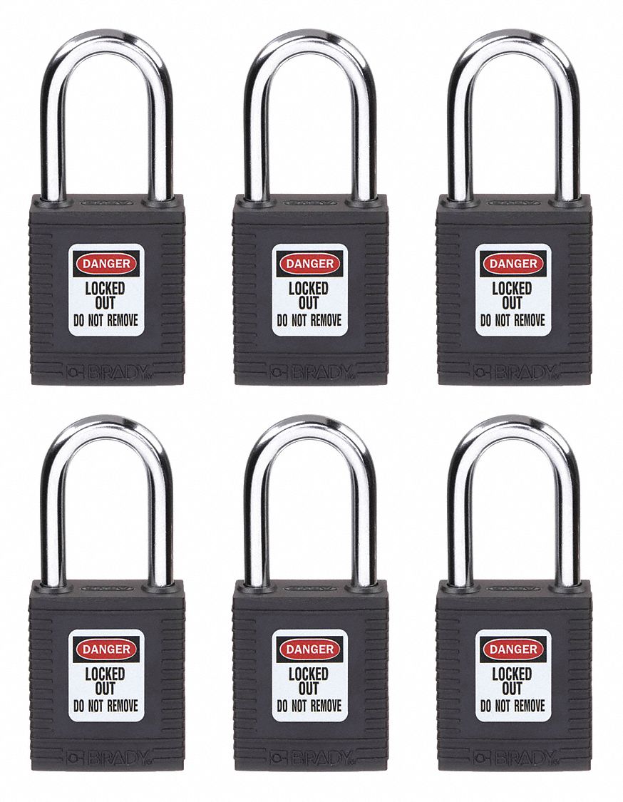 Lockout Padlock: Keyed Alike, Nylon, Std Body Body Size, Hardened Steel, Std, Black, Plastic