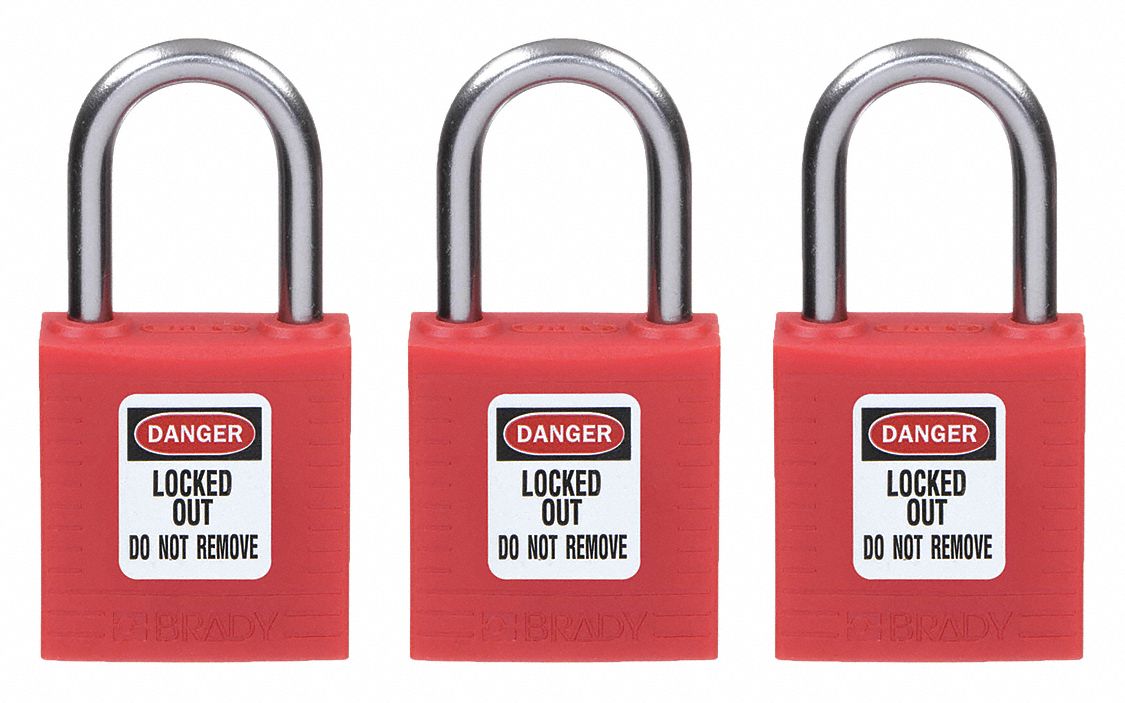 Lockout Padlock: Keyed Alike, Nylon, Compact Body Body Size, Aluminum, Std, Red, 3 Pack Size