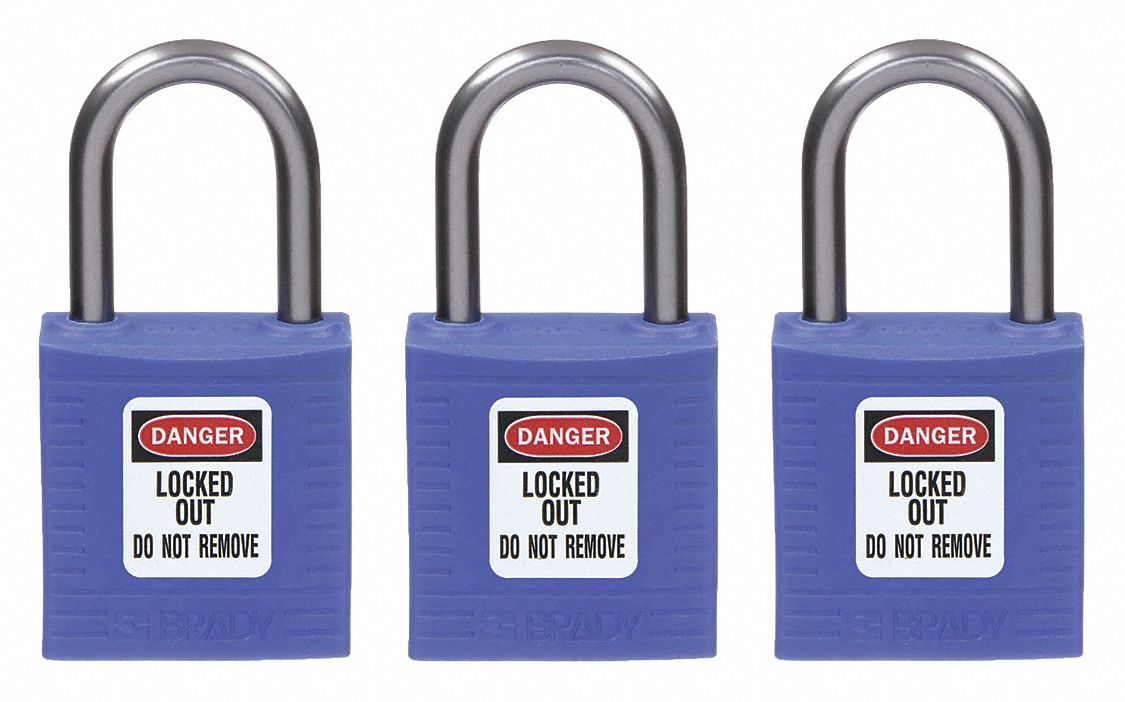 Lockout Padlock: Keyed Alike, Nylon, Compact Body Body Size, Aluminum, Std, Blue, 3 Pack Size