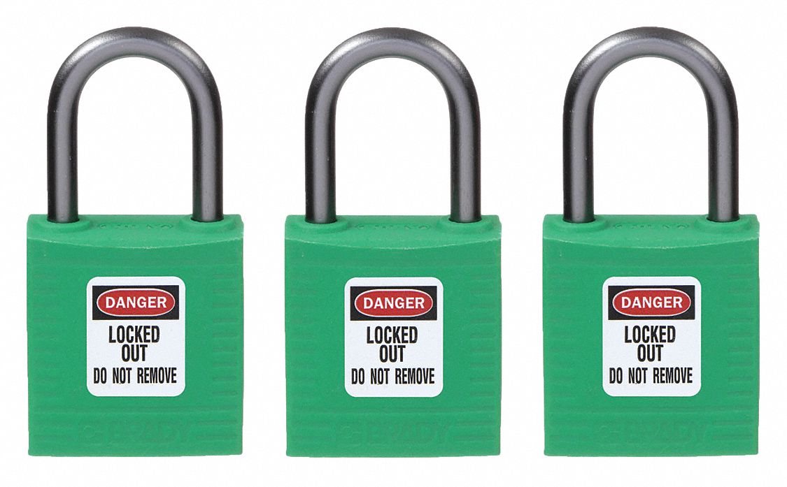 Lockout Padlock: Keyed Alike, Nylon, Compact Body Body Size, Aluminum, Std, Green, 3 Pack Size