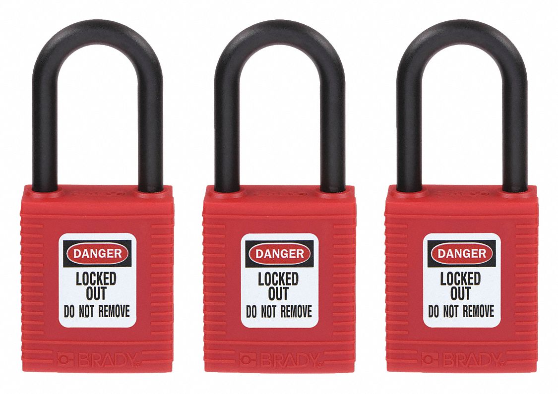 Lockout Padlock: Keyed Alike, Nylon, Std Body Body Size, Nylon, Std, Red, 3 Pack Size, Plastic
