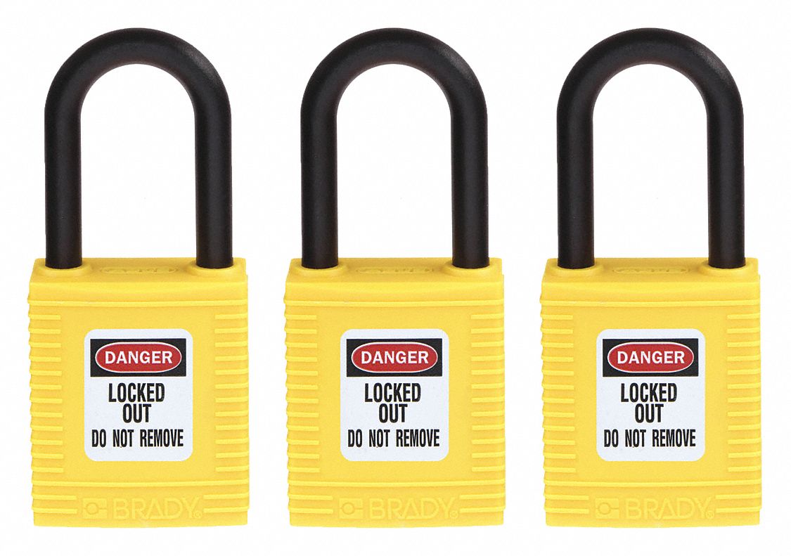 Lockout Padlock: Keyed Alike, Nylon, Std Body Body Size, Nylon, Std, Yellow, 3 Pack Size