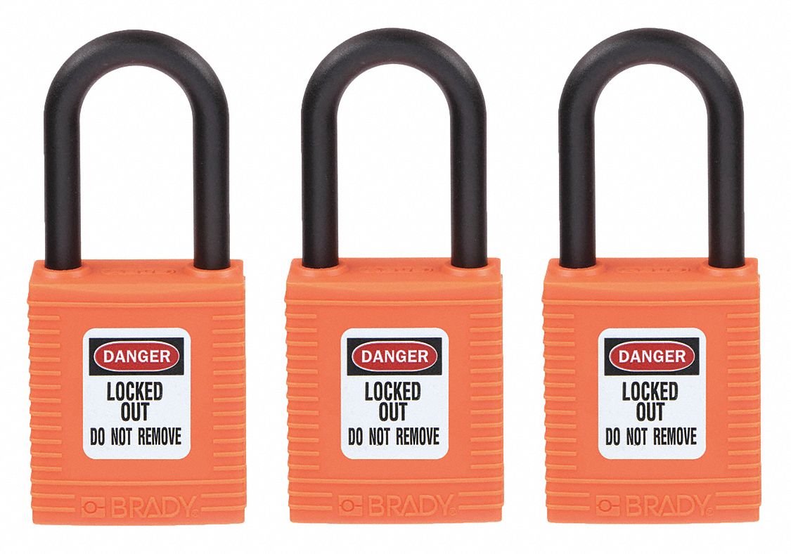 Lockout Padlock: Keyed Alike, Nylon, Std Body Body Size, Nylon, Std, Orange, 3 Pack Size