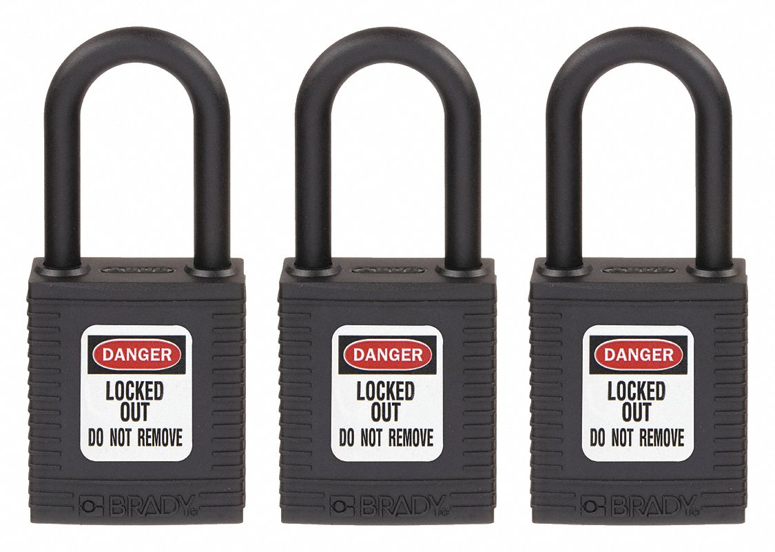 Lockout Padlock: Keyed Alike, Nylon, Std Body Body Size, Nylon, Std, Black, 3 Pack Size, BRADY