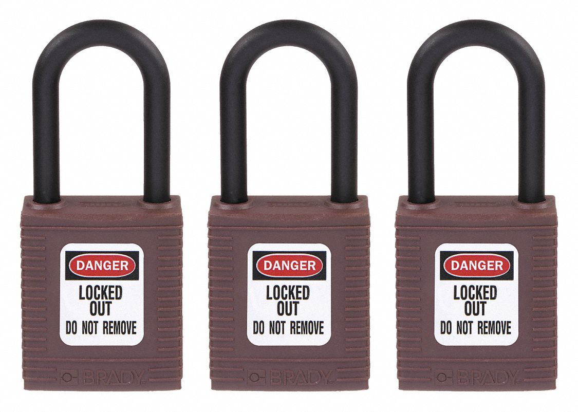 Lockout Padlock: Keyed Alike, Nylon, Std Body Body Size, Nylon, Std, Brown, 3 Pack Size, BRADY