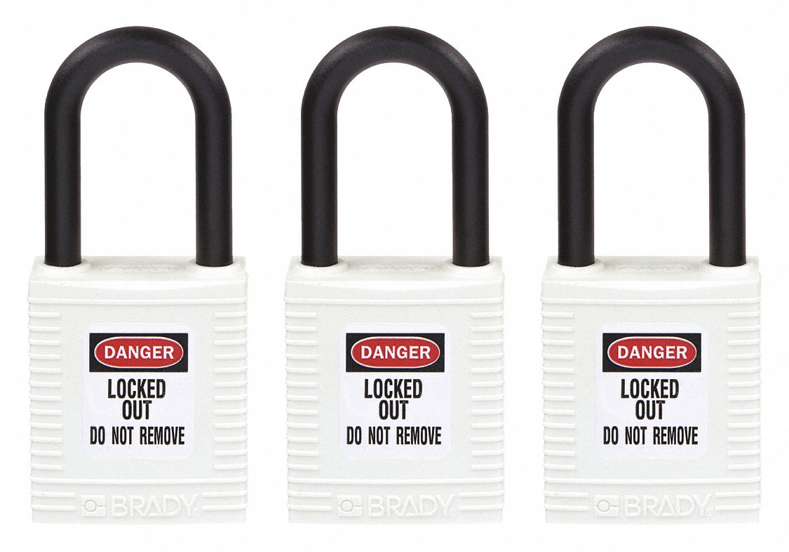 Lockout Padlock: Keyed Alike, Nylon, Std Body Body Size, Nylon, Std, White, 3 Pack Size, BRADY