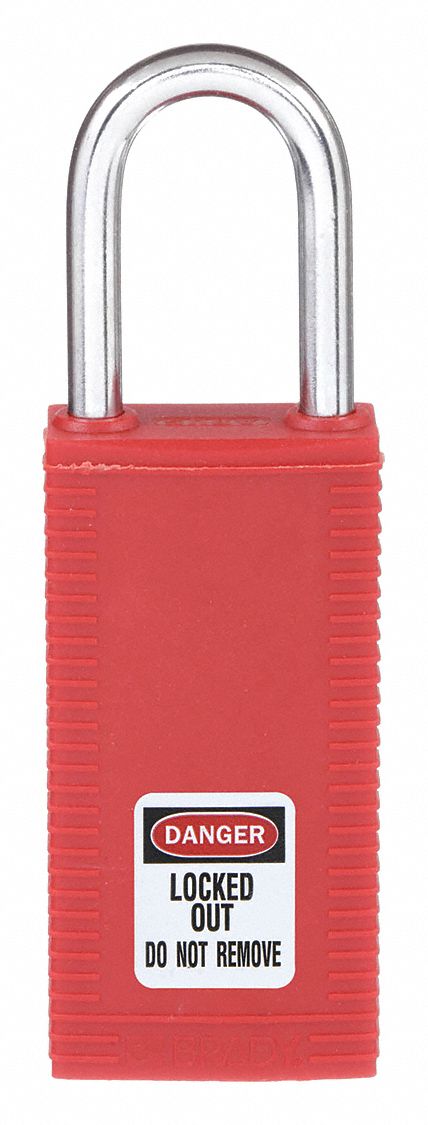 LOCKOUT PADLOCK, KEYED DIFFERENT, NYLON, LONG BODY, HARDENED STEEL, STD, RED