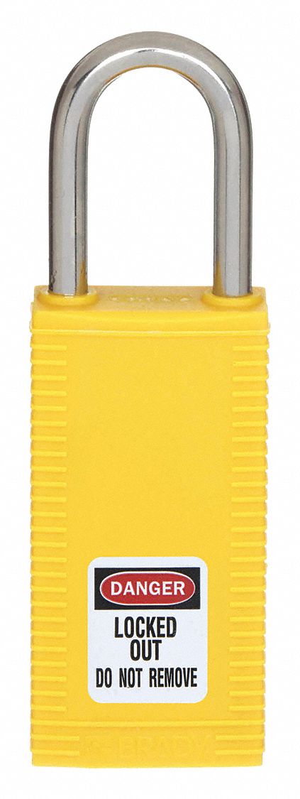 Lockout Padlock: Keyed Different, Nylon, Long Body Body Size, Hardened Steel, Std, Yellow
