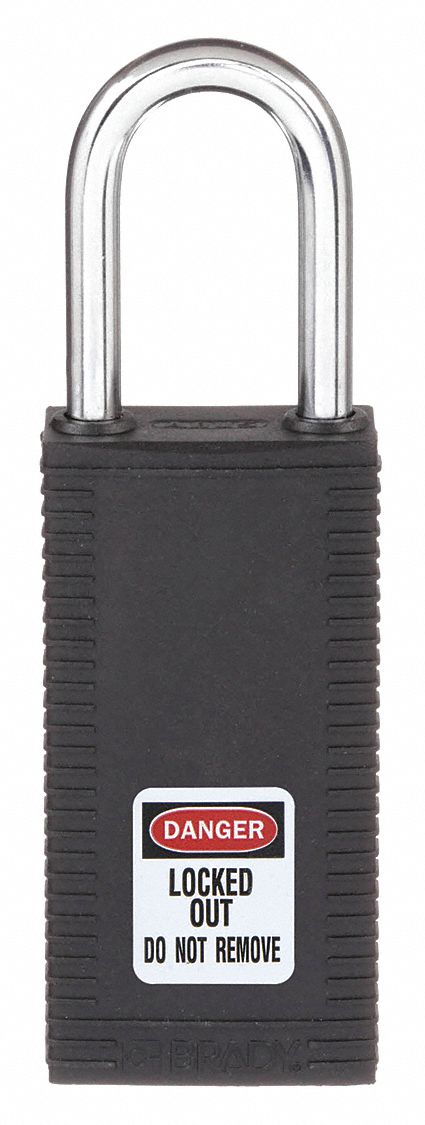 Lockout Padlock: Keyed Different, Nylon, Long Body Body Size, Hardened Steel, Std, Black