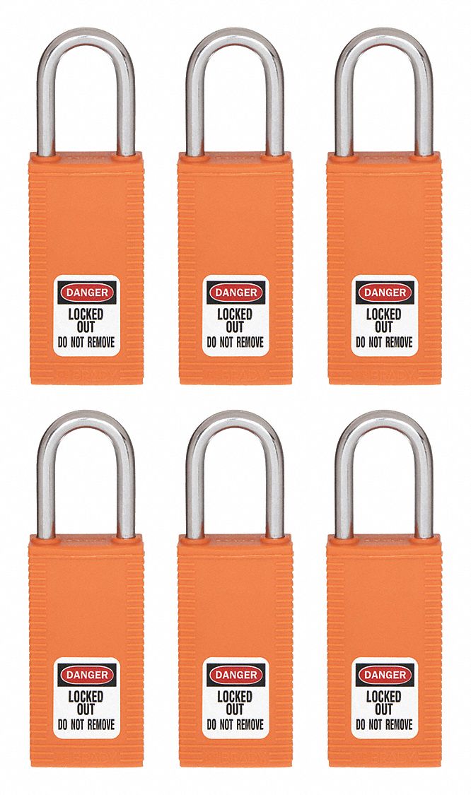 Lockout Padlock: Keyed Alike, Nylon, Long Body Body Size, Hardened Steel, Std, Orange, Plastic