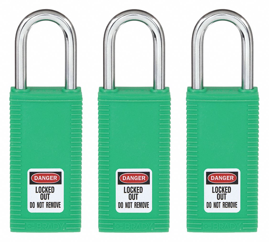 Lockout Padlock: Keyed Alike, Nylon, Long Body Body Size, Hardened Steel, Std, Green, Plastic