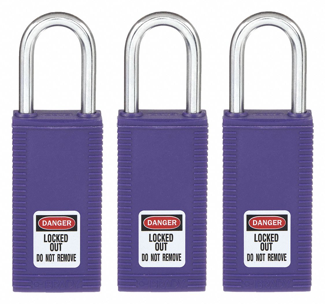 Lockout Padlock: Keyed Alike, Nylon, Long Body Body Size, Hardened Steel, Std, Purple, Plastic