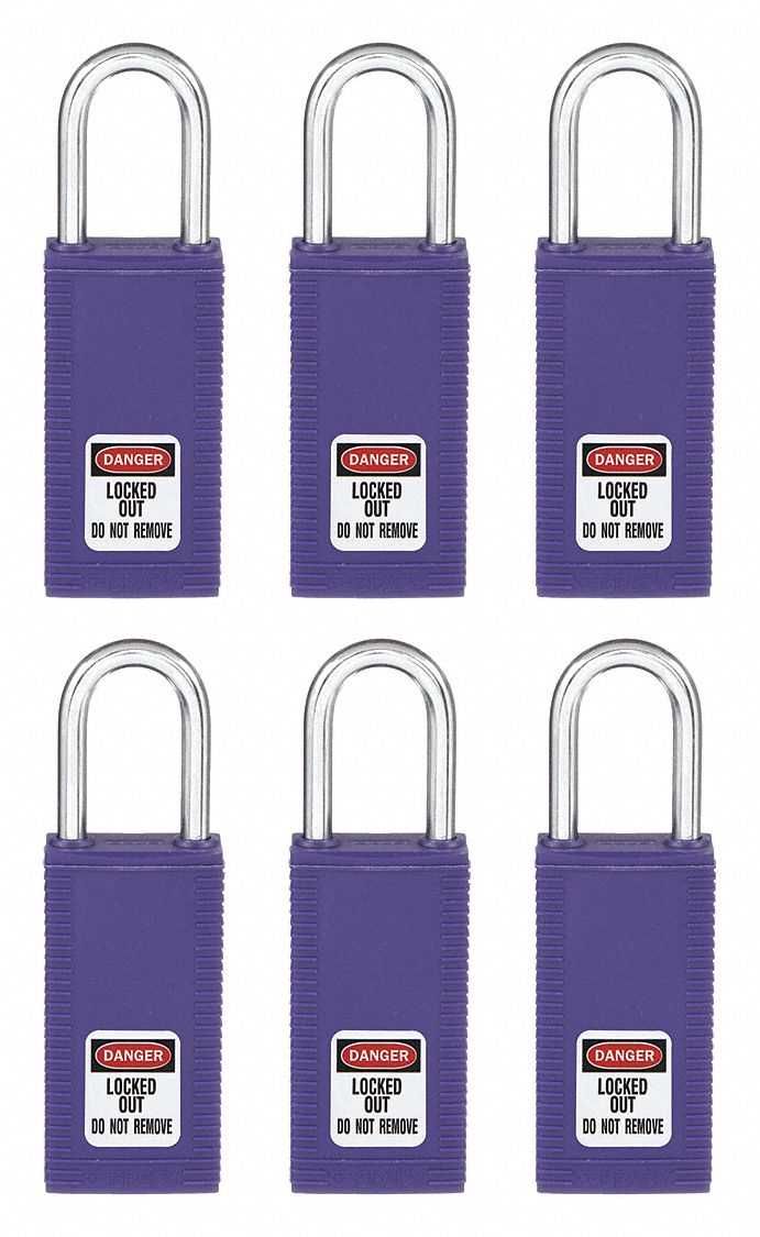 Lockout Padlock: Keyed Alike, Nylon, Long Body Body Size, Hardened Steel, Std, Purple, Plastic
