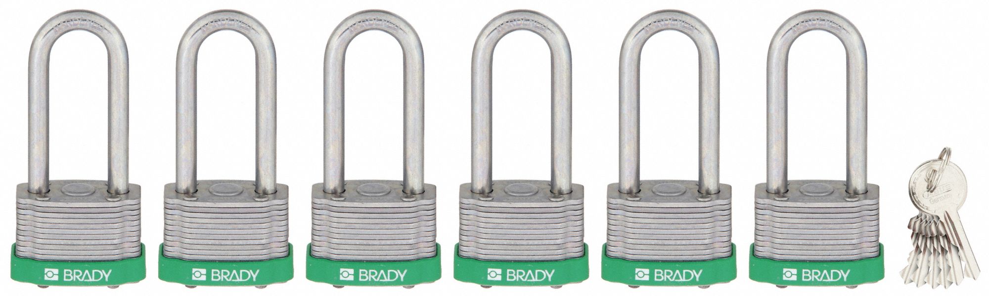 Keyed Padlock: Keyed Alike, Steel, Std Body Body Size, Hardened Steel, Extended, Green, Steel