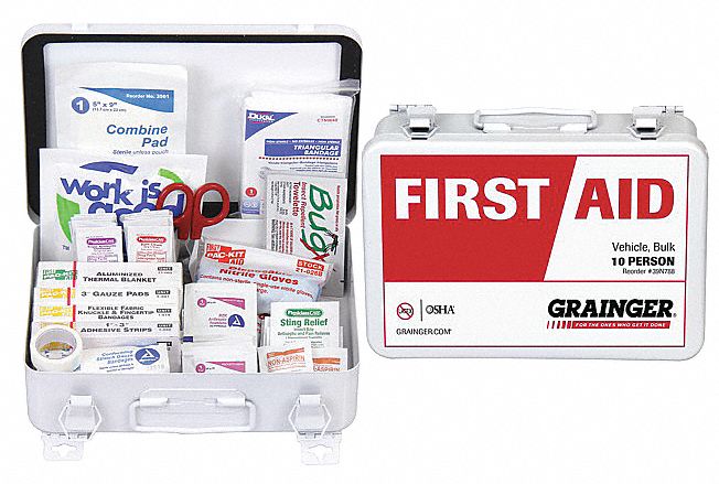 First Aid Kit and Housing: Vehicle, 10 People Served, 80 Components, Metal