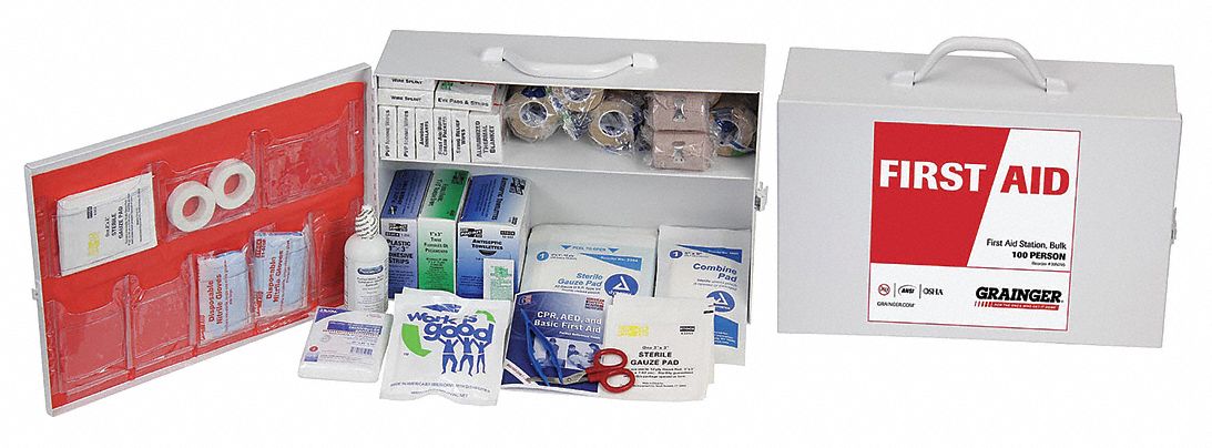 First Aid Kit and Housing: Industrial, 100 People Served, 369 Components, Metal