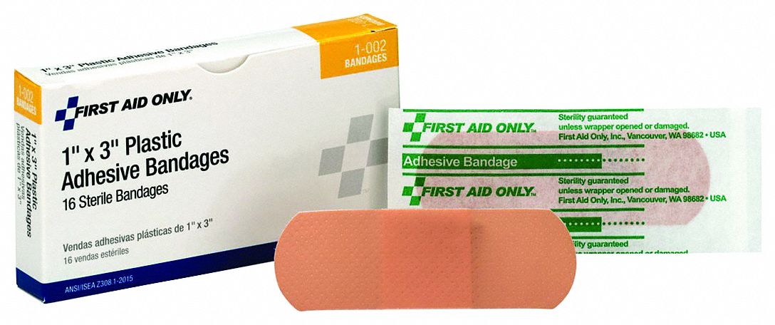 Adhesive Bandage: Strip Bandages, 1 in Wd, 3 in Lg, Not Metal Detectable, Plastic