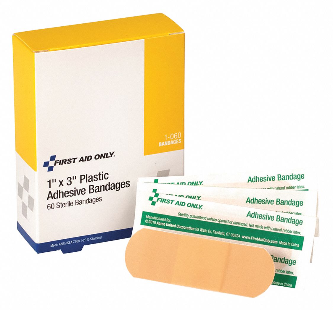 FIRST AID ONLY Plastic Strip Bandages, 3 in x 1 in, Beige 39N8591