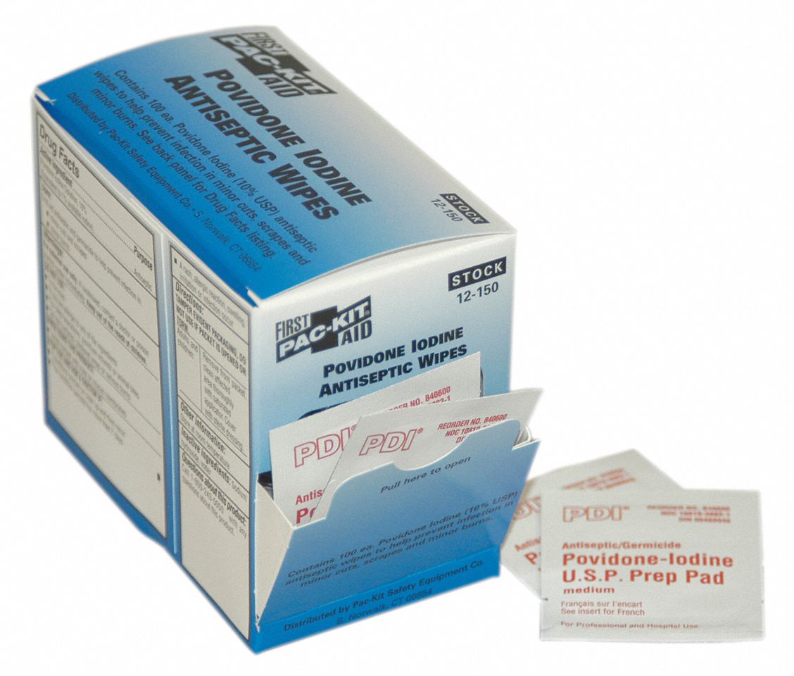 FIRST AID ONLY PVP Wipes, Wipes, Box, Wrapped Packets, 41/4 in, PK 100