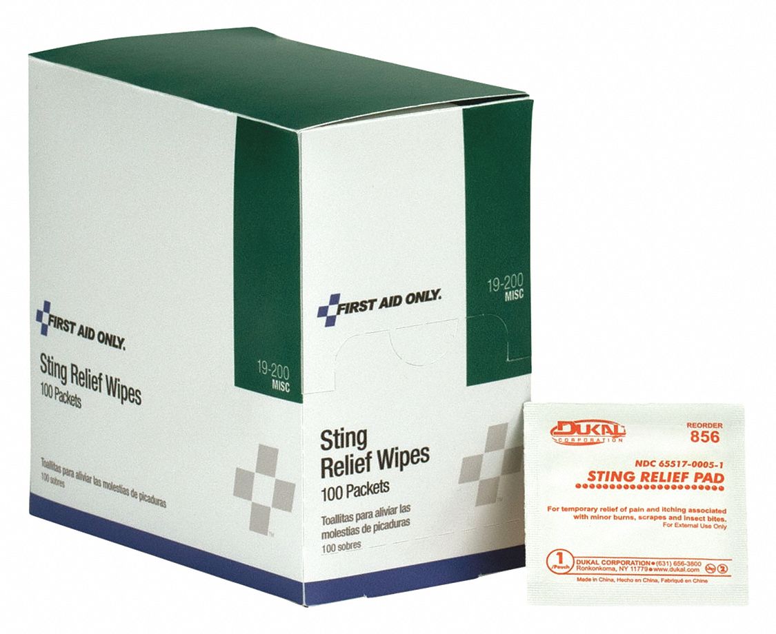 FIRST AID ONLY Sting Relief Wipes, Wipes, Box, Wrapped Packets, 21/8