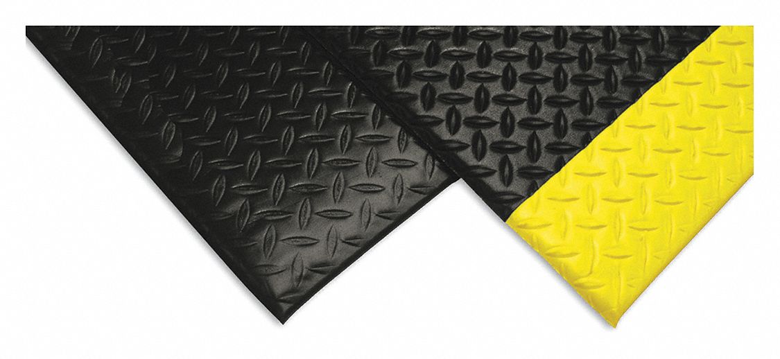 ANTIFATIGUE MAT, DIAMOND PLATE, 2X3 FT, ½ IN THICK, BLK, PVC FOAM, BEVELED, BLK W/ 0