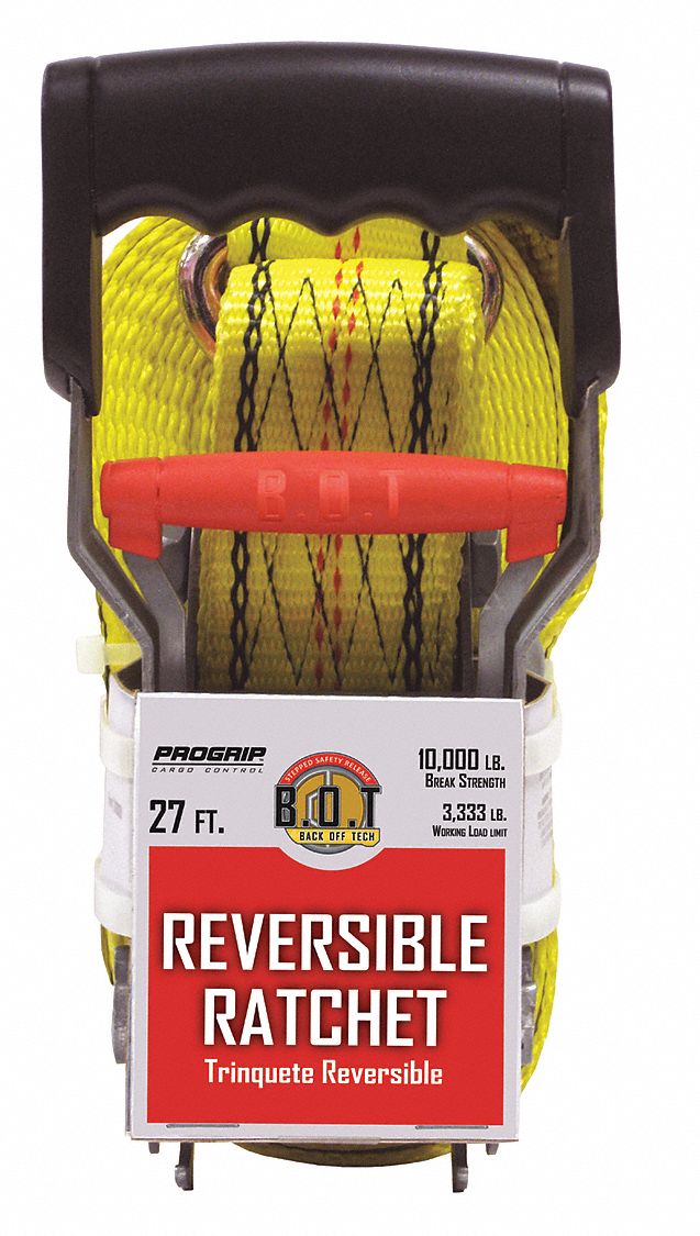 Tie Down Strap: Ratchet, Flat-Hook, Gen Purpose, 2 in Wd, 3, 333 lb WLL, Yellow, 27 ft Lg