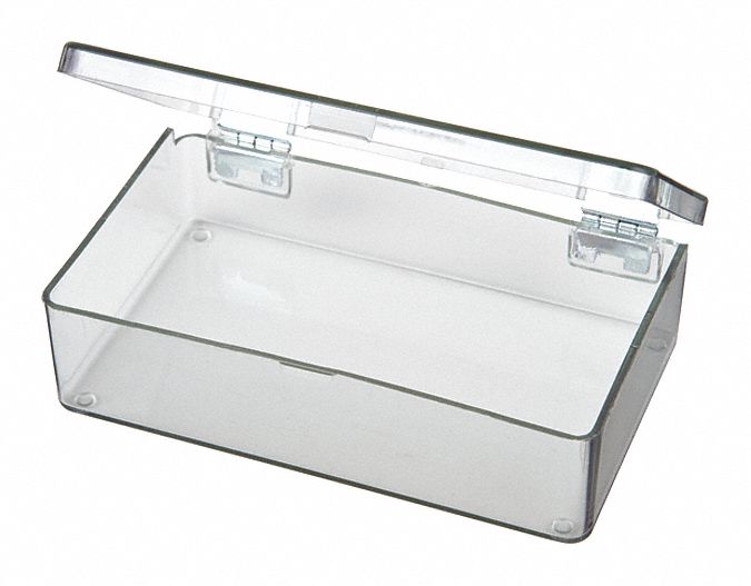 STORAGE BOX, 4⅜ IN X 2⅝ IN X 1⅛ IN, CLEAR, 1 COMPARTMENT, 0 ADJUSTABLE DIVIDERS, SNAP