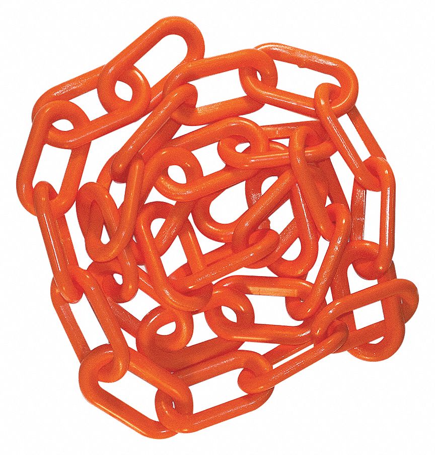CHAIN, OUTDOOR/INDOOR, UV INHIBITOR, SAFETY ORANGE, GLOSSY, 100 FT X 1 1/2 IN, POLYETHYLENE