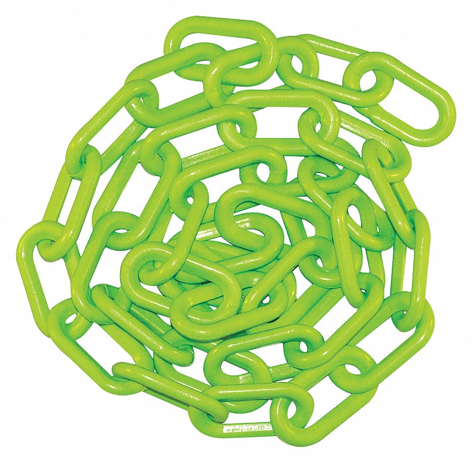 CHAIN, OUTDOOR/INDOOR, UV INHIBITOR, SAFETY GREEN, GLOSSY, 100 FT X 1 1/2 IN, POLYETHYLENE