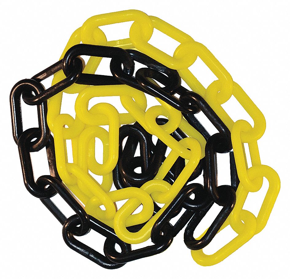 CHAIN, OUTDOOR/INDOOR, UV INHIBITOR, BLACK/YELLOW, GLOSSY, 100 FT X 1 1/2 IN, POLYETHYLENE