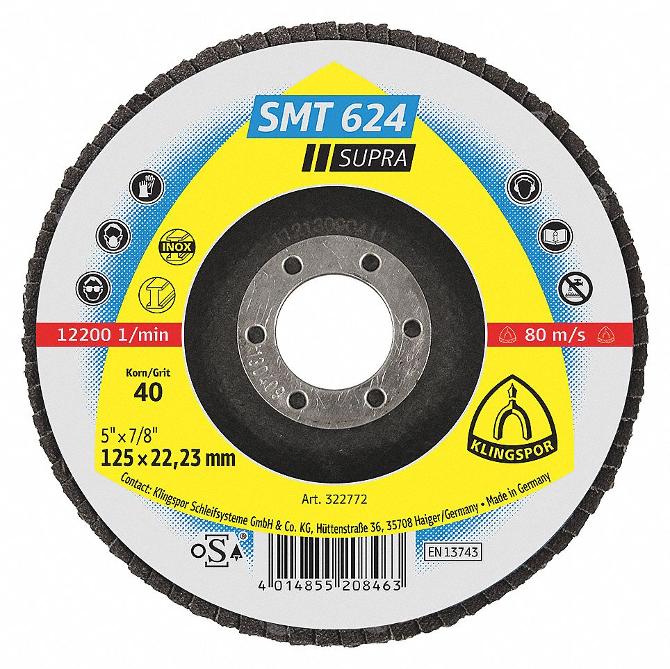 KLINGSPOR FLAP DISC, SERIES SMT624 SUPRA, MAX RPM 12,200, 36 KLINGSPOR FLAP DISC, SERIES SMT624 SUPRA, MAX RPM 12,200, 36