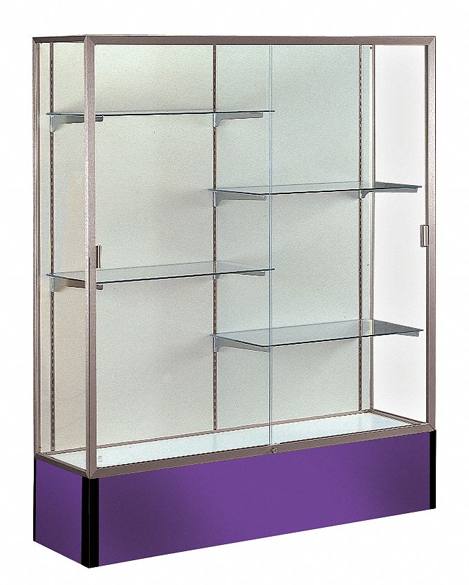 Floor Display Case: 72 in Ht, 48 in Lg, 16 in Dp, 20 lb Shelf Capacity, Satin/Purple