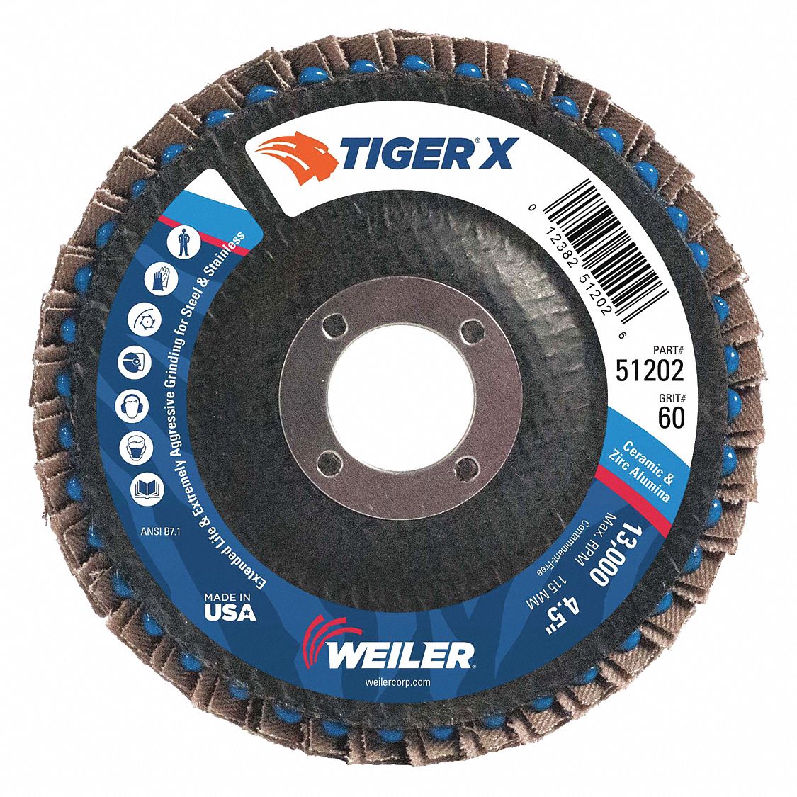 Flap Disc: Type 29, 4-1/2" x 7/8", Zirconia Alumina, 60 Grit, Phenolic Bk, Std Density