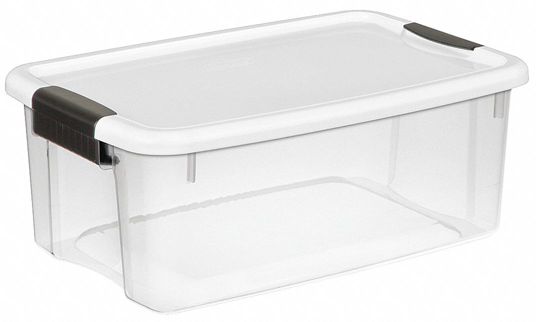 Storage Tote: 4.5 gal, 18 1/8 in x 12 1/4 in x 7 in, Clear Body, White Lid, White, Clear