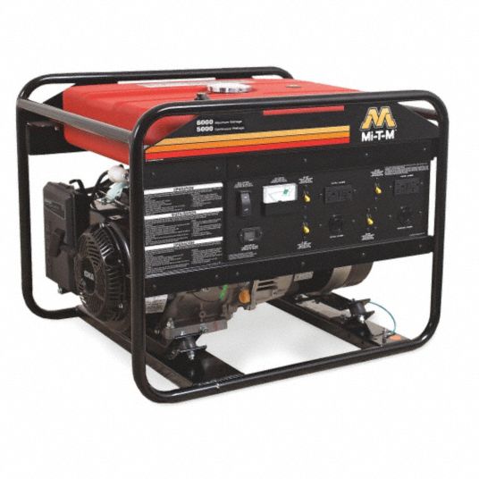 MI-T-M Portable Generator: Gasoline, 5,000 W, 6,000 W, 120/240V AC,  41.7/20.8, Recoil, 11.4 hr, Foam