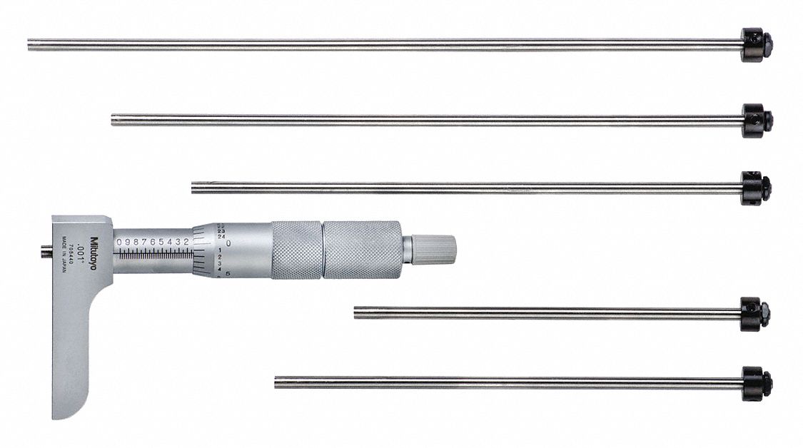 DEPTH MICROMETER, 0 TO 6 IN RANGE H. B., INTERCHANGEABLE ROD TIP
