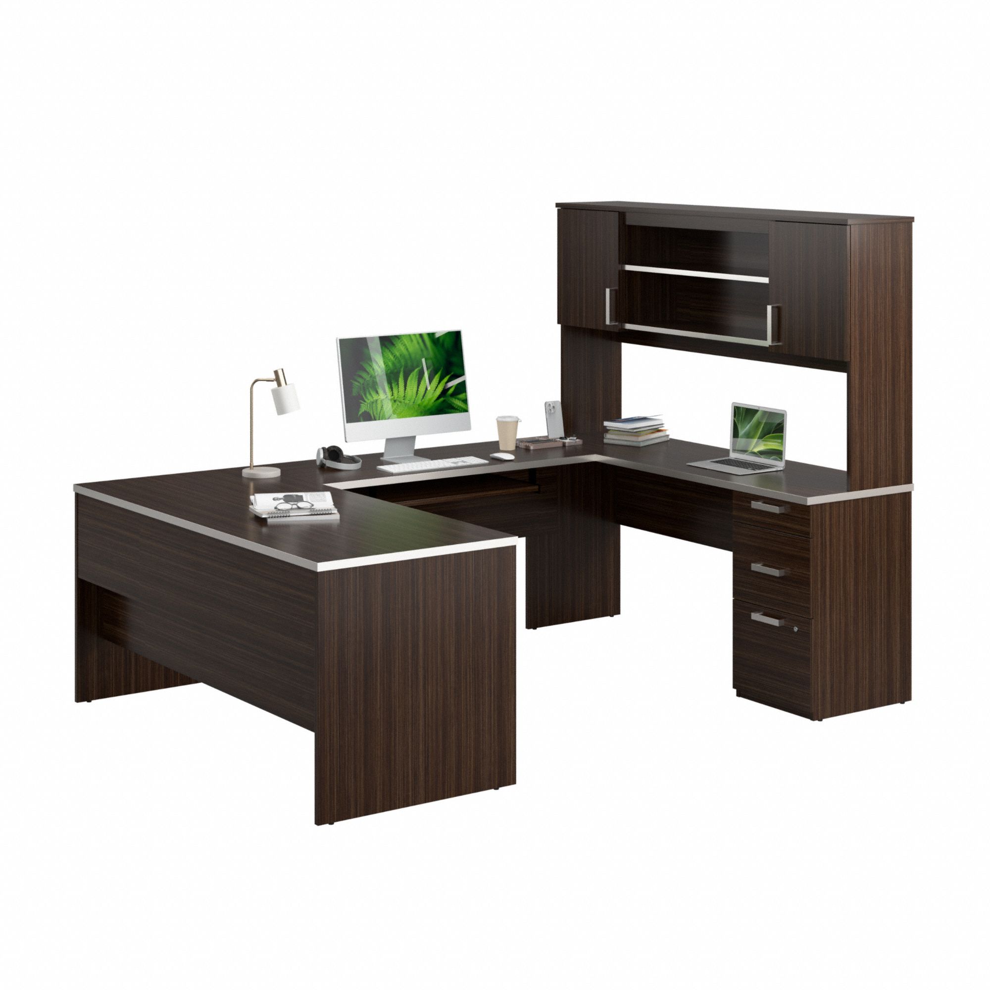 U-Shaped Office Desk: Dark Chocolate, 65 in Overall Wd, 93 5/8 in Overall Dp, Dark Chocolate