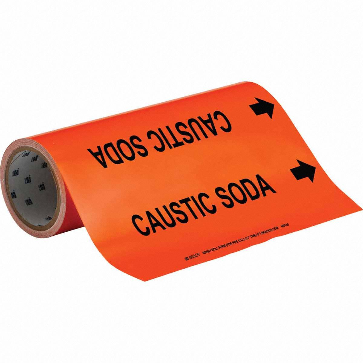 Pipe Marker: Caustic Soda, Orange, Black, Fits 2 1/2 to 6 in Pipe O.D., 30 Pipe Markers, With Arrows
