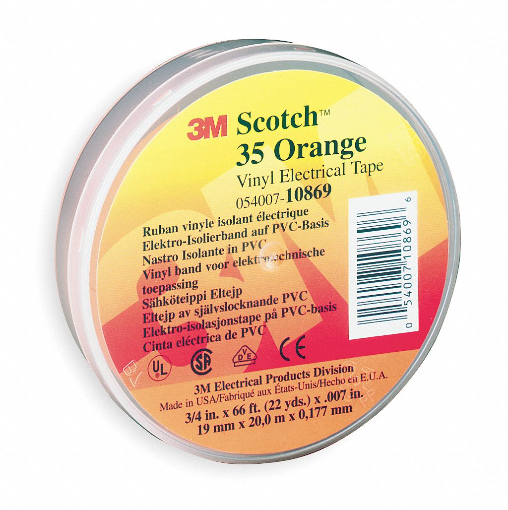 RUBAN ISOLANT,CODE DE COULEUR,TRACTION 17 LB/PO,OR,66 PI X 3/4 PO X 7 MM,VNYL