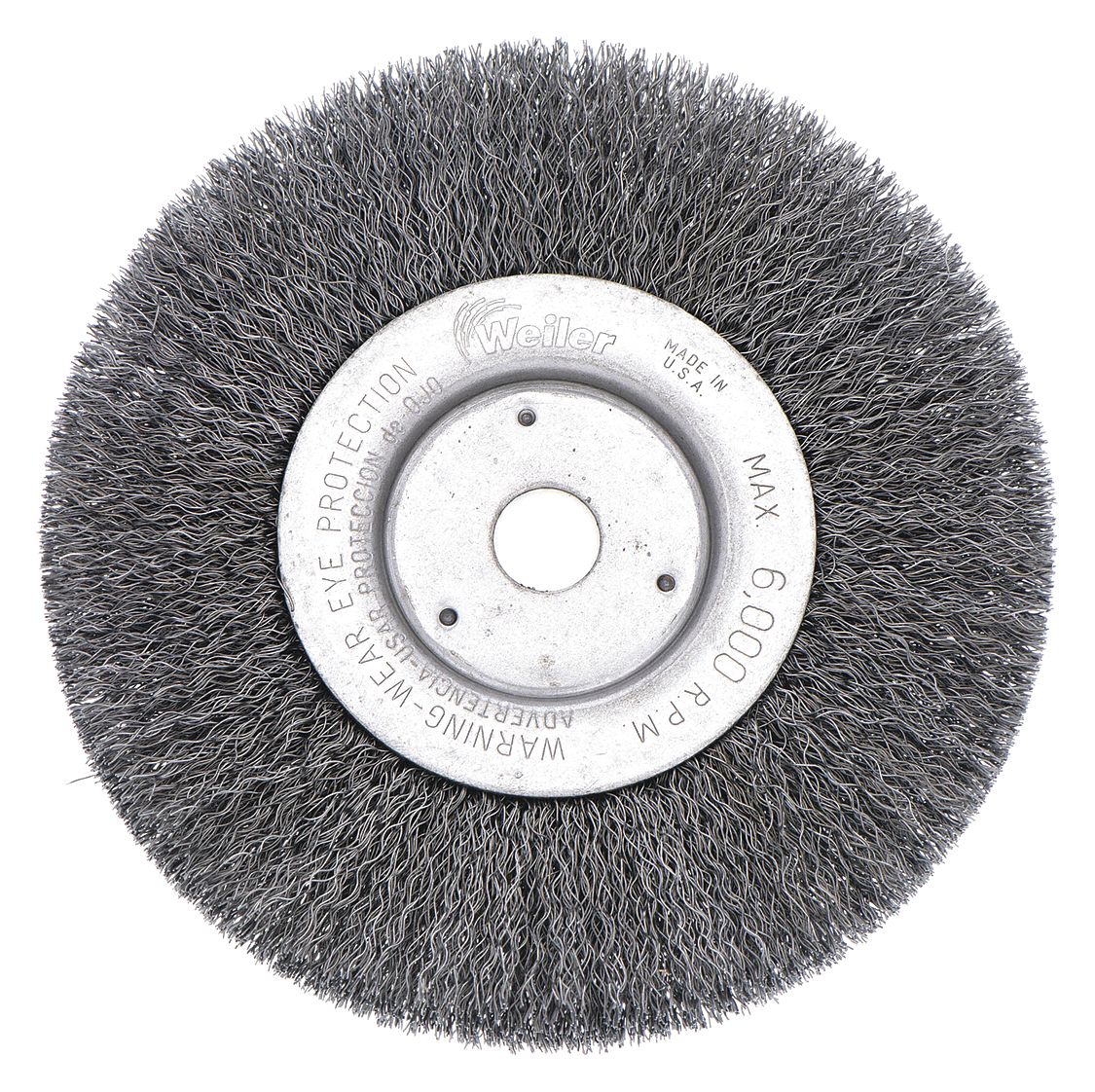 WIRE WHEEL BRUSH, CRIMPED STEEL, 6 IN DIAMETER X ¾ IN W, ⅝ IN TO ½ IN ARBOUR, 0.008 IN FILL