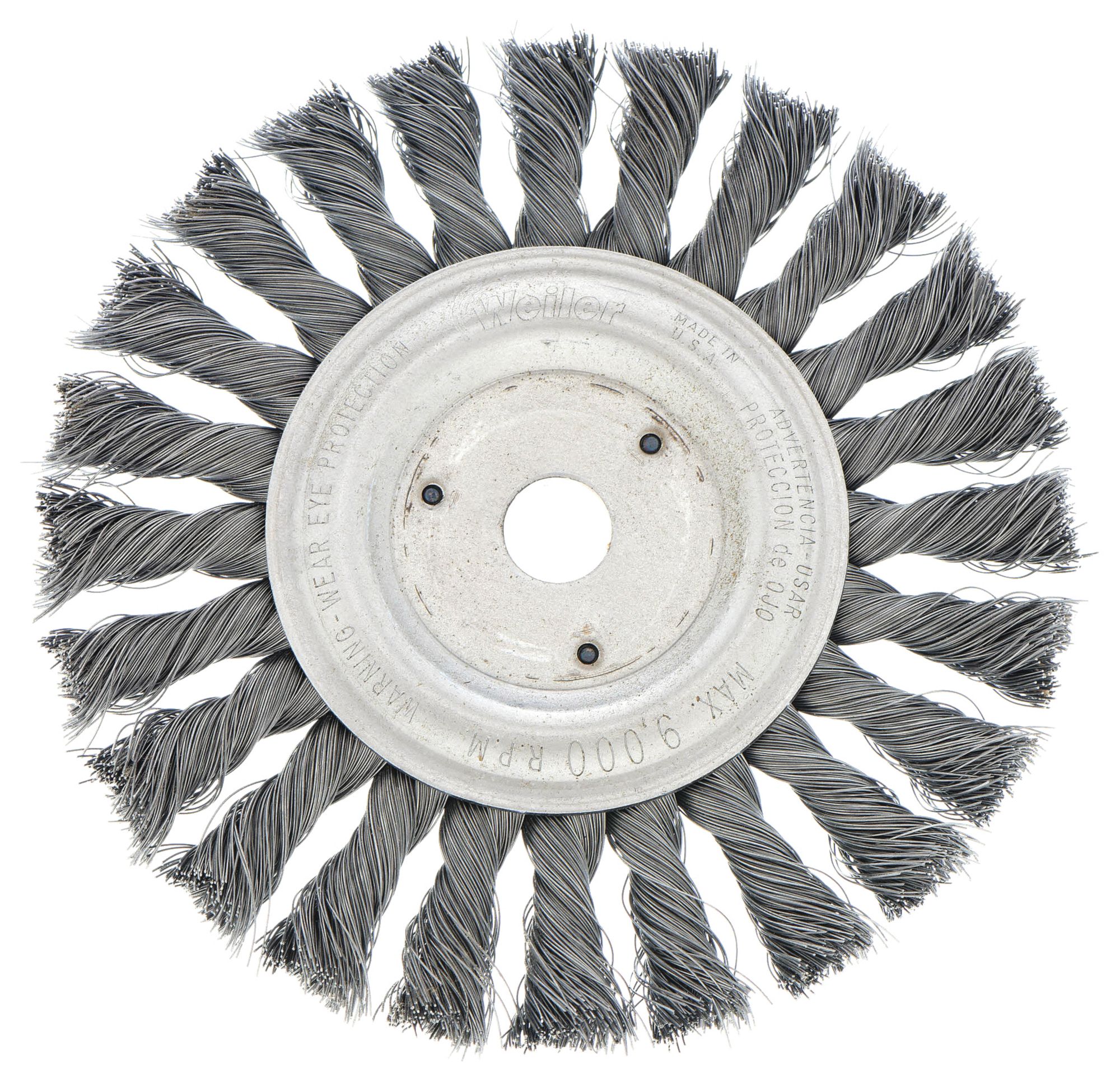 WIRE WHEEL BRUSH, TWISTED STEEL, 3 IN DIAMETER X ⅜ IN W, ½ IN TO ⅜ IN ARBOUR, 0.014 IN FILL