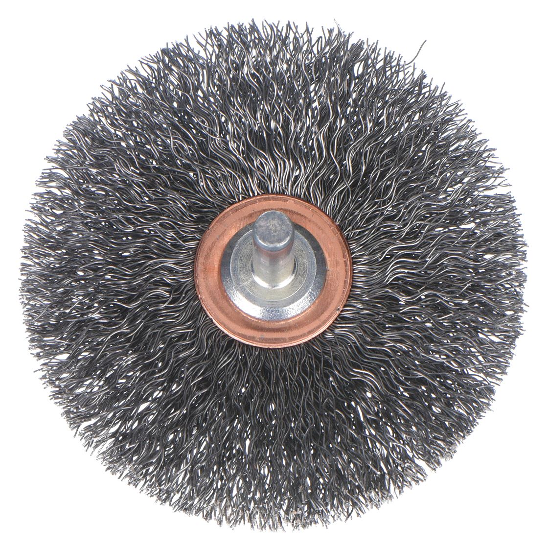WIRE WHEEL BRUSH, CRIMPED STEEL, 3 IN DIAMETER X ½ IN W, ¼ IN SHANK, 0.012 IN FILL