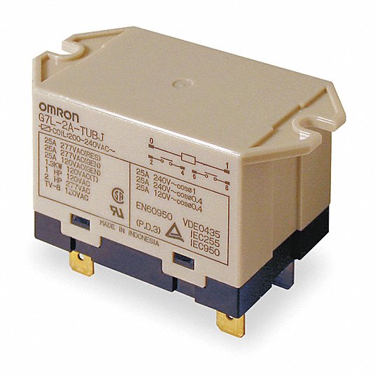200 to 240 VAC Rated Load Voltage QuickConnect Terminal Upper Bracket Mounting Class B Insulation Omron G7L-2A-TUB-J-CB-AC200/240 General Purpose Relay With Test Button 8.5 to 10.2 mA Rated Load Current Double Pole Single Throw Normally Open Contacts 