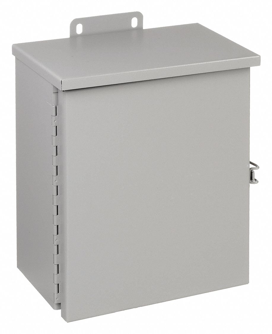 Enclosure: Steel, 12 in x 10 in x 6 in, 3R, Solid Cover, Hinged, Included, Painted