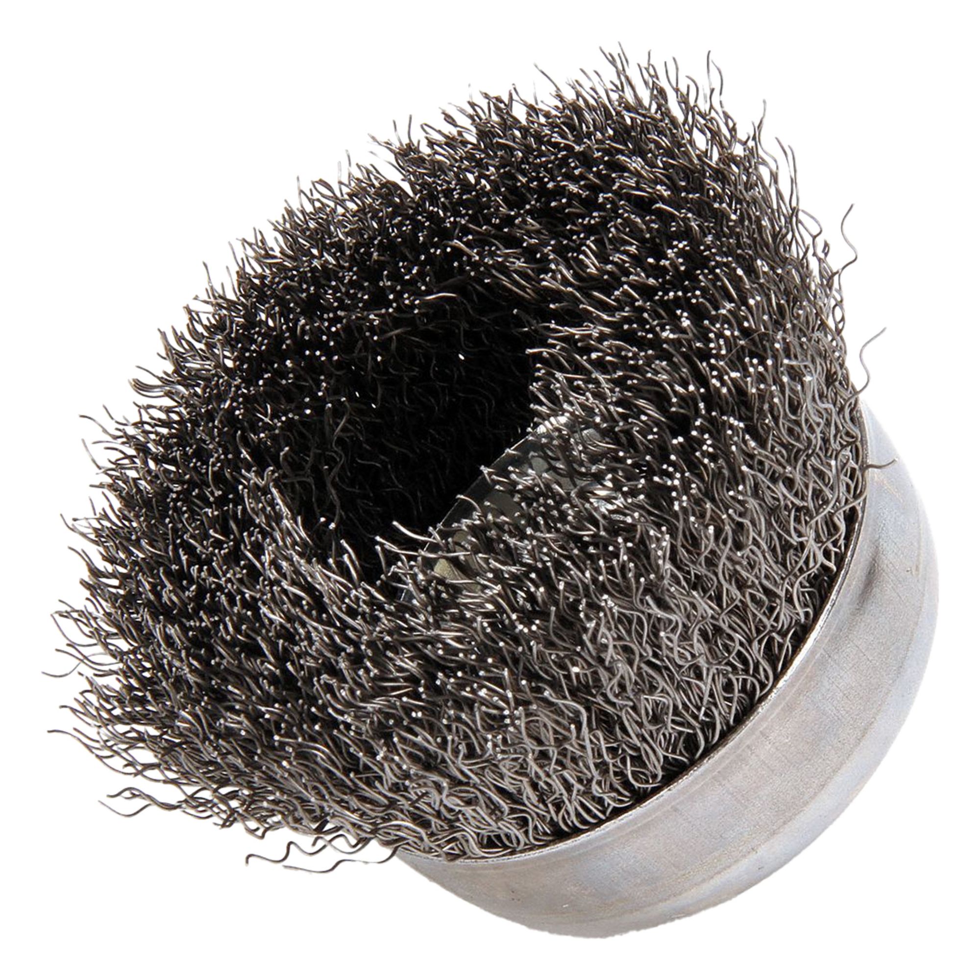Cup Brush: Crimped Steel, 3 in Dia, 0.014 in Fill Dia, 5/8"-11 Arbor