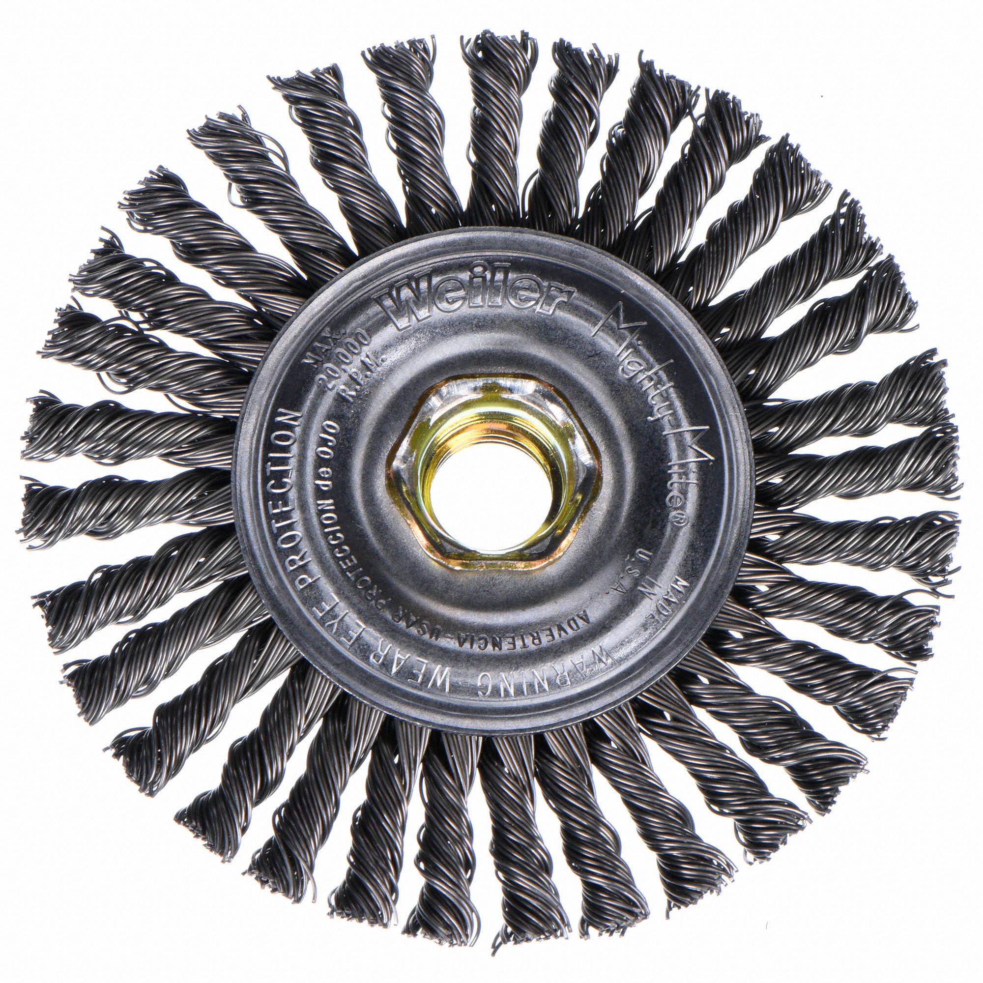 WEILER 4 in Twisted Wire Wheel Brush, Arbor Hole Mounting, 0.02 in Wire Dia., 7/8 in Bristle