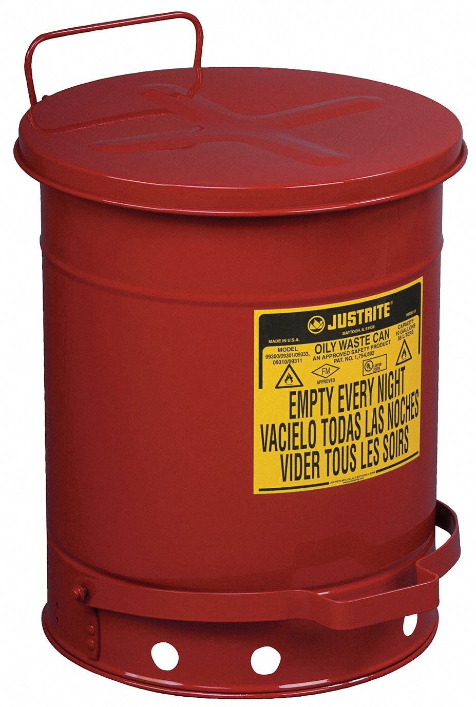 OILY WASTE CAN, 10 GAL, RED, GALVANIZED STEEL, 18¼ IN H, FOOT OPERATED SELF CLOSING