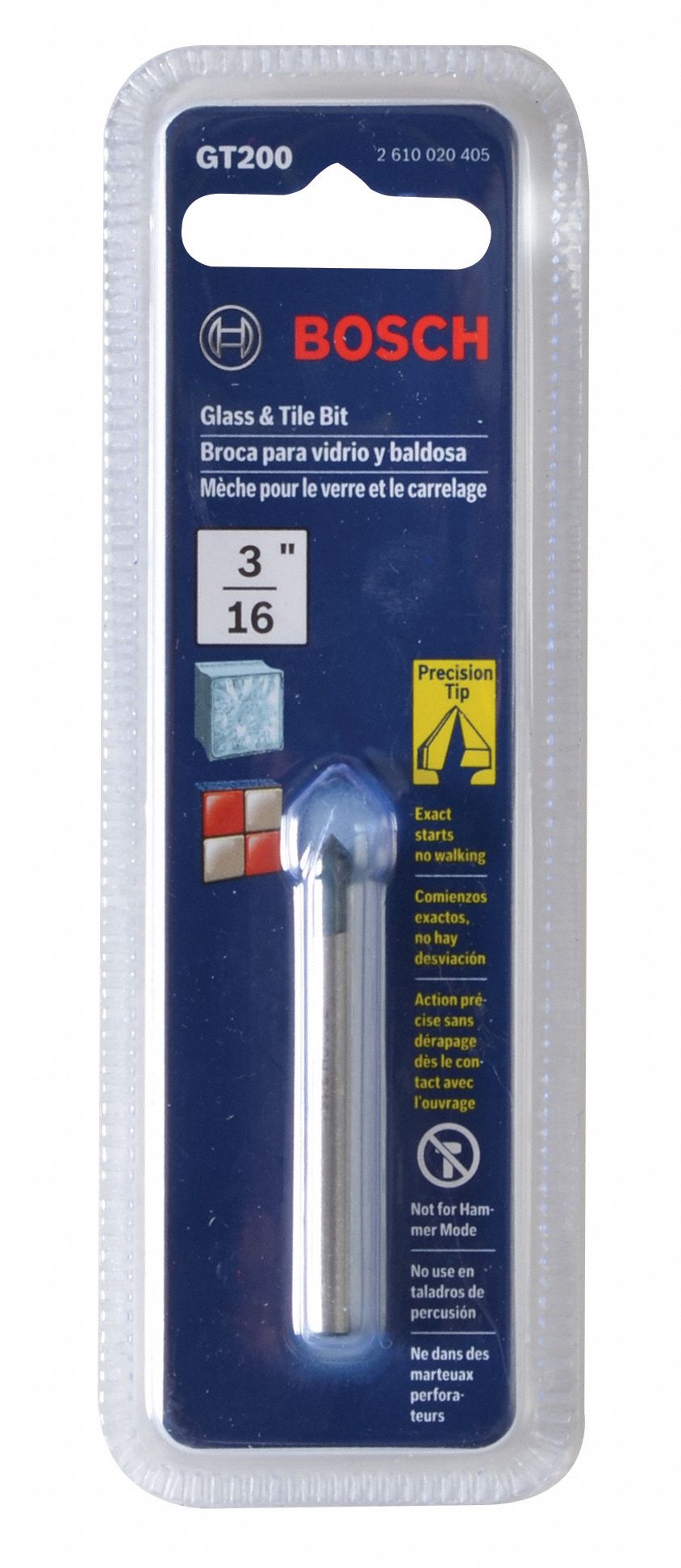 BOSCH Glass and Tile Drill Bit, 1/2 in, Carbide Tipped, Straight with