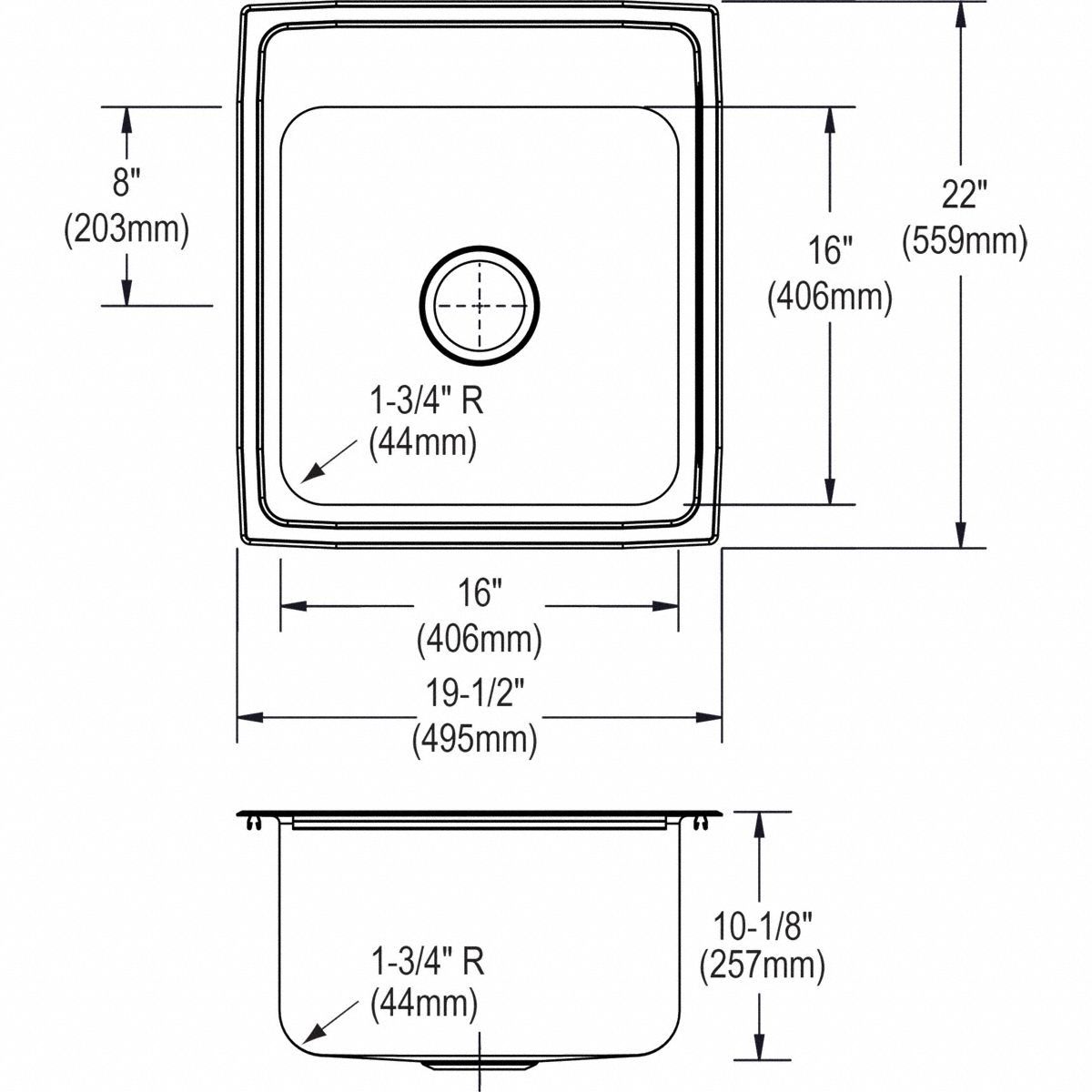 ELKAY Single Bowl Dropin Sink Elkay, 19 1/2 in Overall Lg, 22 in