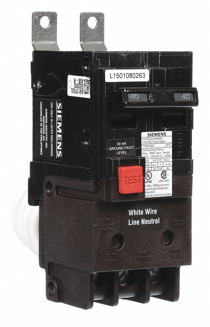 Miniature Circuit Breaker: 40 A Amps, 120/240V AC, 2 Poles, Ground Fault Equipment Protection